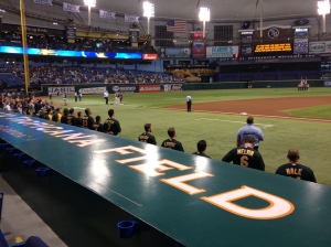 The A's awaiting the singing of the National Anthem.  Coco looks so short next to Freiman.