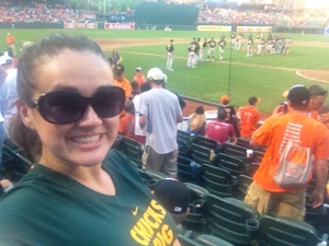 Me at Oriole Park at Camden Yards with the A's celebrating their win in the background