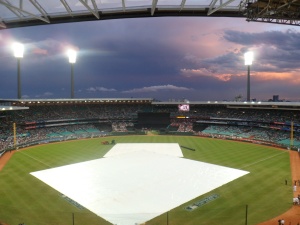Tarps on the field is never a good sign.  The storm did create a beautiful sunset